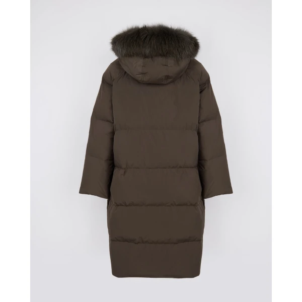 Yves Salomon Long Waterproof Down Jacket with Fox Fur Hood Trim in Charcoal | Coats | Luxury Shoes 