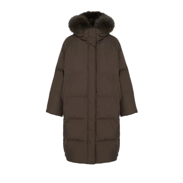 Yves Salomon Long Waterproof Down Jacket with Fox Fur Hood Trim in Charcoal | Coats | Luxury Shoes 