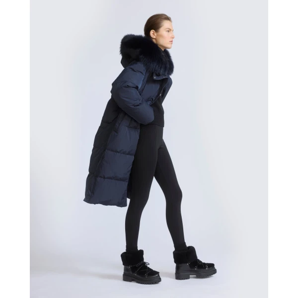 Yves Salomon Long Waterproof Down Jacket with Fox Fur Hood Trim in Navy | Coats | Luxury Shoes 