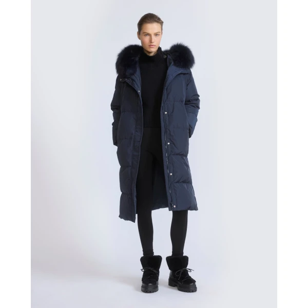 Yves Salomon Long Waterproof Down Jacket with Fox Fur Hood Trim in Navy | Coats | Luxury Shoes 