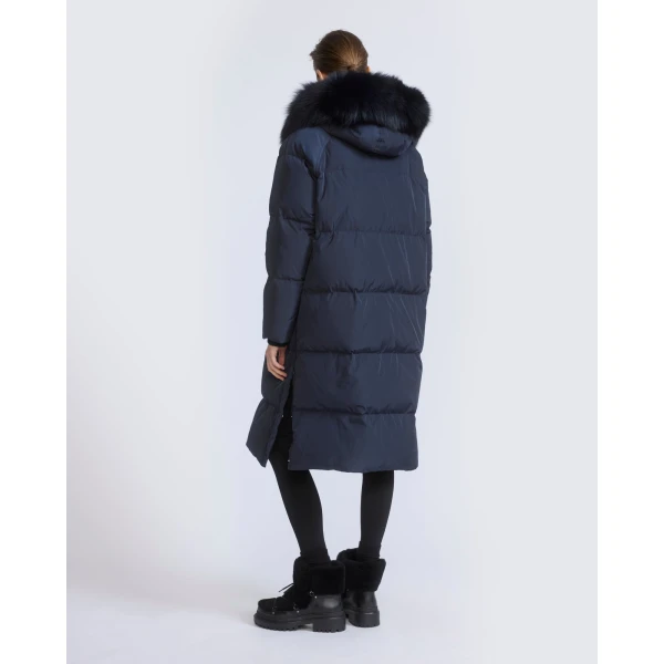 Yves Salomon Long Waterproof Down Jacket with Fox Fur Hood Trim in Navy | Coats | Luxury Shoes 