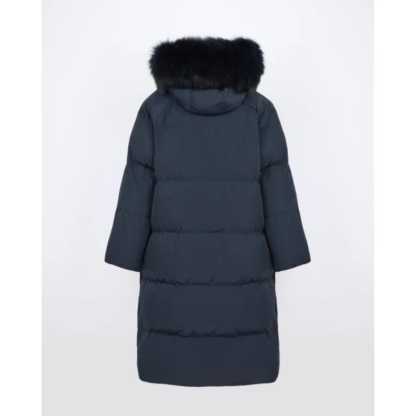 Yves Salomon Long Waterproof Down Jacket with Fox Fur Hood Trim in Navy | Coats | Luxury Shoes 