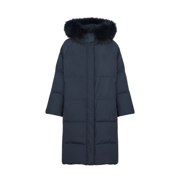 Yves Salomon Long Waterproof Down Jacket with Fox Fur Hood Trim in Navy | Coats | Luxury Shoes 