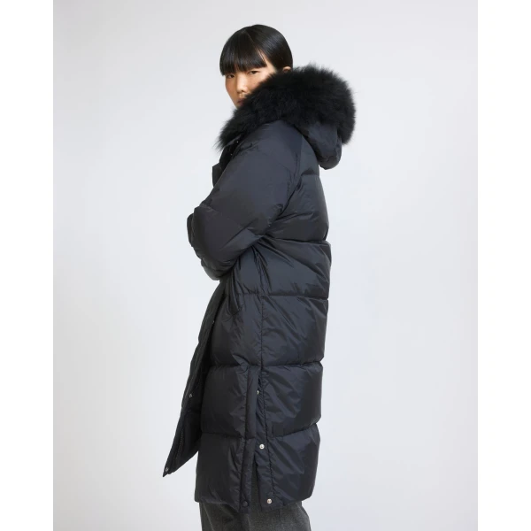 Yves Salomon Long Waterproof Down Jacket with Lambskin Hood Trim in Black | Coats | Luxury Shoes 