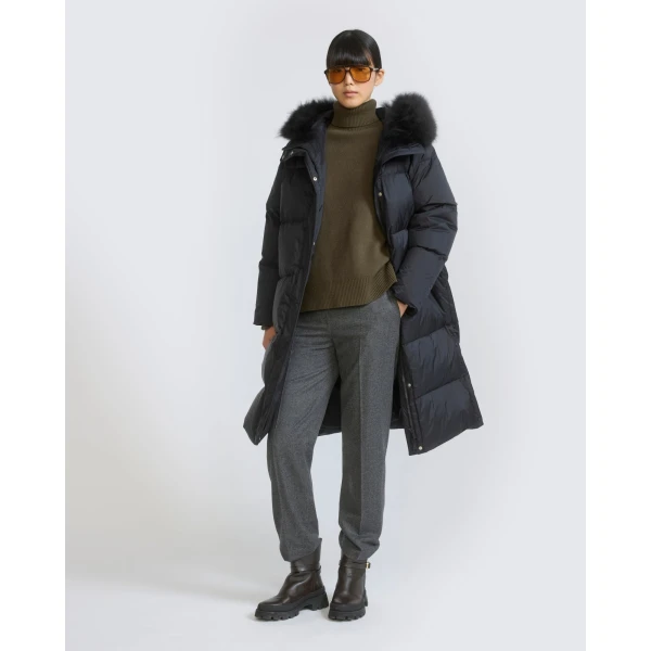 Yves Salomon Long Waterproof Down Jacket with Lambskin Hood Trim in Black | Coats | Luxury Shoes 