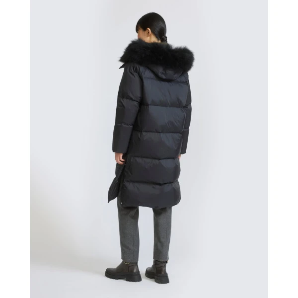 Yves Salomon Long Waterproof Down Jacket with Lambskin Hood Trim in Black | Coats | Luxury Shoes 
