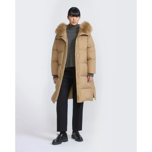 Yves Salomon Long Waterproof Down Jacket with Lambskin Hood Trim in Camel | Coats | Luxury Shoes 