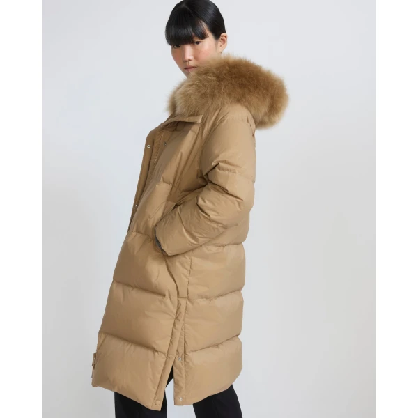 Yves Salomon Long Waterproof Down Jacket with Lambskin Hood Trim in Camel | Coats | Luxury Shoes 