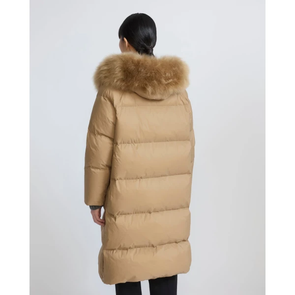 Yves Salomon Long Waterproof Down Jacket with Lambskin Hood Trim in Camel | Coats | Luxury Shoes 