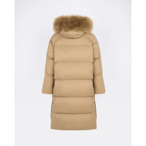 Yves Salomon Long Waterproof Down Jacket with Lambskin Hood Trim in Camel | Coats | Luxury Shoes 
