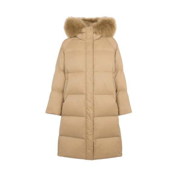 Long Waterproof Down Jacket with Lambskin Hood Trim in Camel