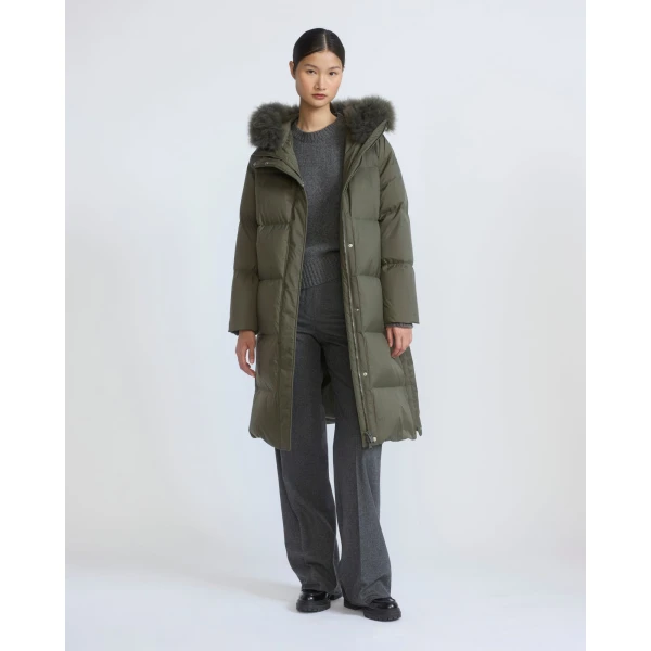 Yves Salomon Long Waterproof Down Jacket with Lambskin Hood Trim in Khaki | Coats | Luxury Shoes 