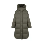 Yves Salomon Long Waterproof Down Jacket with Lambskin Hood Trim in Khaki | Coats | Luxury Shoes 