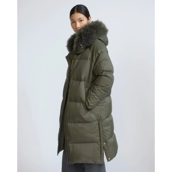 Yves Salomon Long Waterproof Down Jacket with Lambskin Hood Trim in Khaki | Coats | Luxury Shoes 