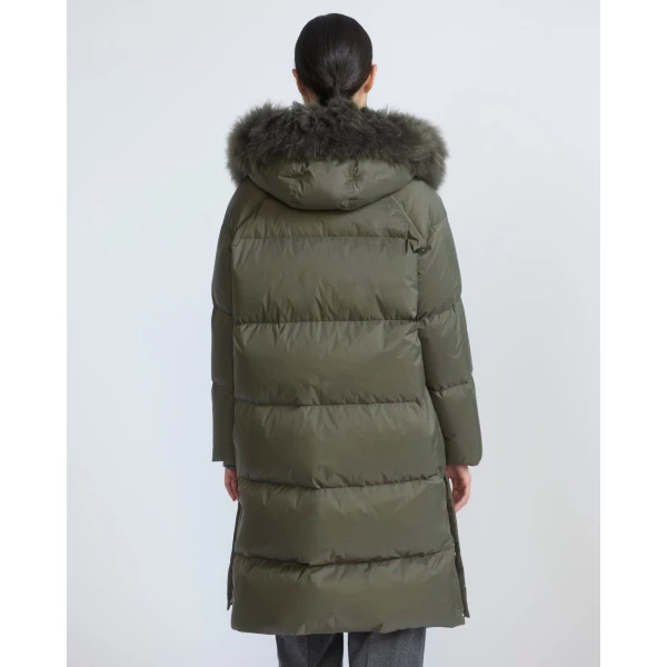 Yves Salomon Long Waterproof Down Jacket with Lambskin Hood Trim in Khaki | Coats | Luxury Shoes 
