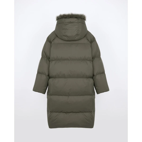Yves Salomon Long Waterproof Down Jacket with Lambskin Hood Trim in Khaki | Coats | Luxury Shoes 