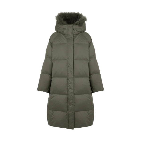 Yves Salomon Long Waterproof Down Jacket with Lambskin Hood Trim in Khaki | Coats | Luxury Shoes 