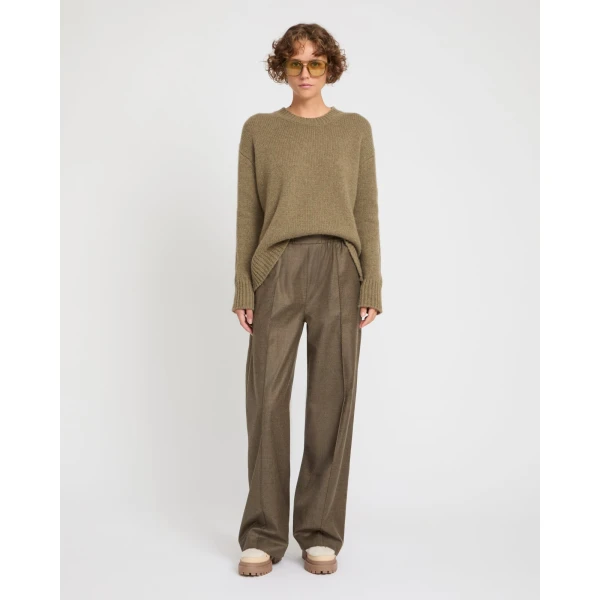 Yves Salomon Loose Fit Flannel Trousers with Elasticated Waistband in Brown | Wide leg pants | Luxury Shoes 