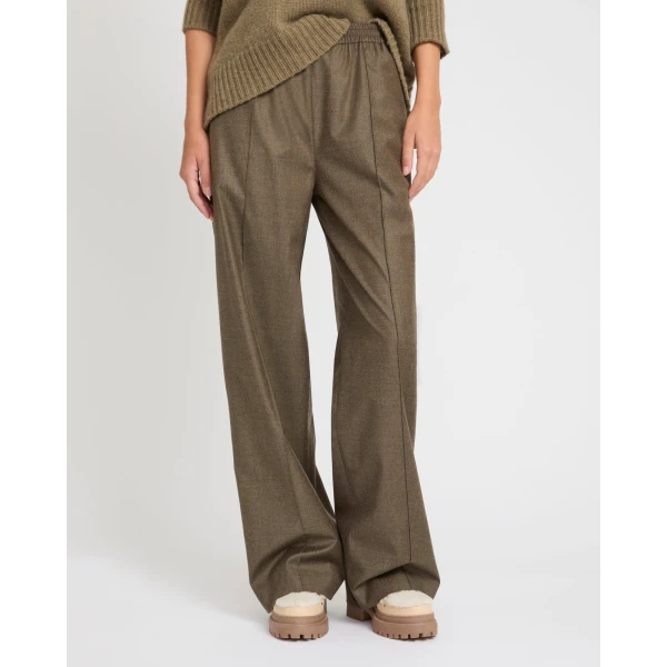 Yves Salomon Loose Fit Flannel Trousers with Elasticated Waistband in Brown | Wide leg pants | Luxury Shoes 