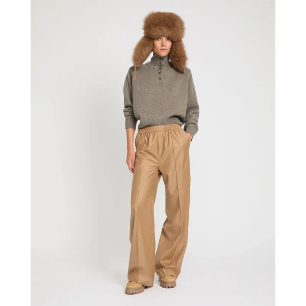 Yves Salomon Loose Fit Flannel Trousers with Elasticated Waistband in Camel | Wide leg pants | Luxury Shoes 