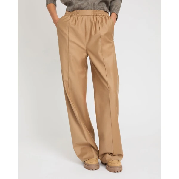Yves Salomon Loose Fit Flannel Trousers with Elasticated Waistband in Camel | Wide leg pants | Luxury Shoes 