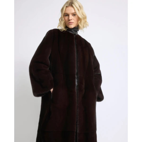 Yves Salomon Maxi Belted Coat in Long-Haired Mink Fur in Bordeaux | Mink Coats | Luxury Shoes 