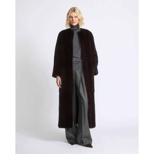 Yves Salomon Maxi Belted Coat in Long-Haired Mink Fur in Bordeaux | Mink Coats | Luxury Shoes 