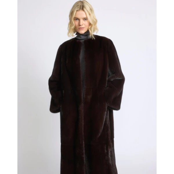 Yves Salomon Maxi Belted Coat in Long-Haired Mink Fur in Bordeaux | Mink Coats | Luxury Shoes 