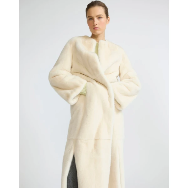 Yves Salomon Maxi Belted Coat in Long-Haired Mink Fur in White | Mink Coats | Luxury Shoes 