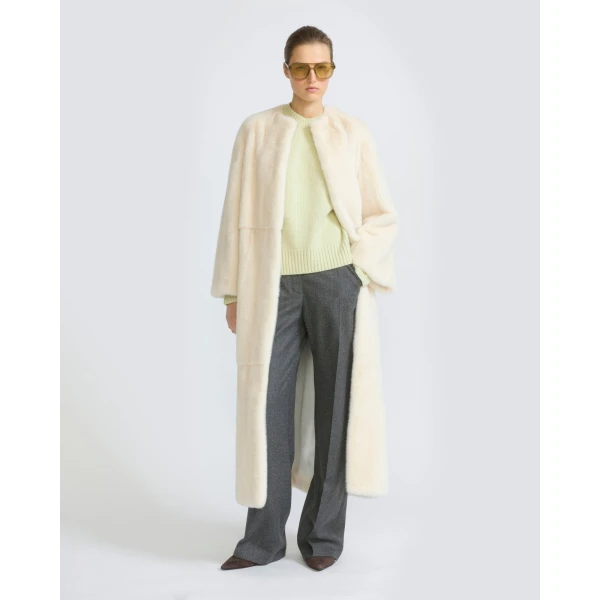 Yves Salomon Maxi Belted Coat in Long-Haired Mink Fur in White | Mink Coats | Luxury Shoes 