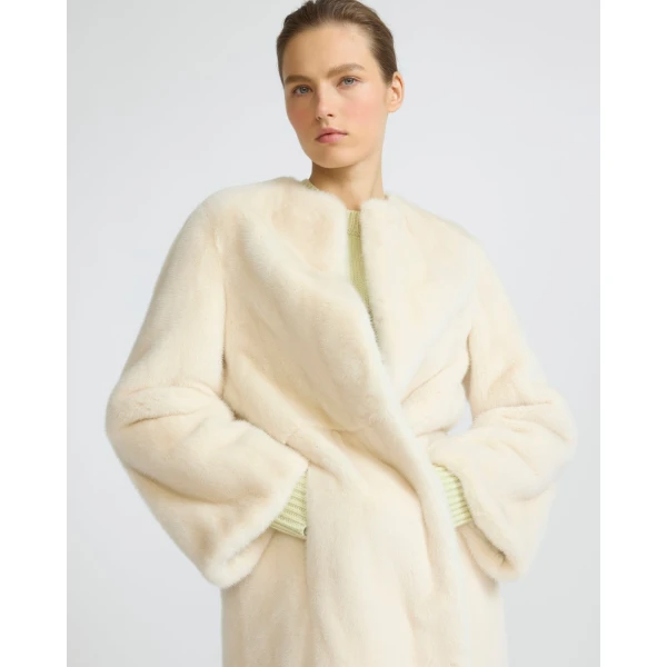 Yves Salomon Maxi Belted Coat in Long-Haired Mink Fur in White | Mink Coats | Luxury Shoes 