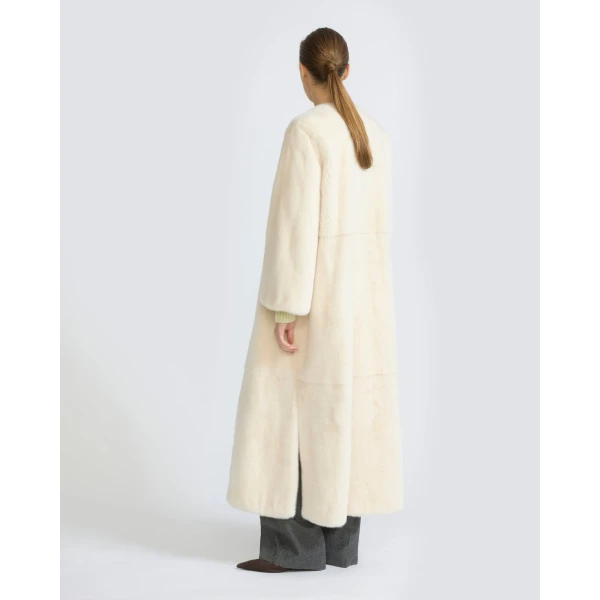 Yves Salomon Maxi Belted Coat in Long-Haired Mink Fur in White | Mink Coats | Luxury Shoes 