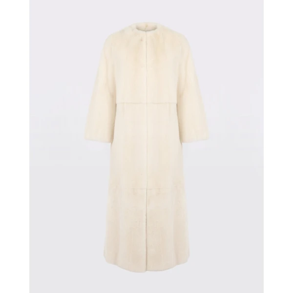 Yves Salomon Maxi Belted Coat in Long-Haired Mink Fur in White | Mink Coats | Luxury Shoes 