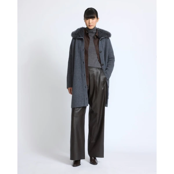 Yves Salomon Merino Knit Coat with Cashmere Lambskin Collar in Blue Grey | Shearling Coat | Luxury Shoes 