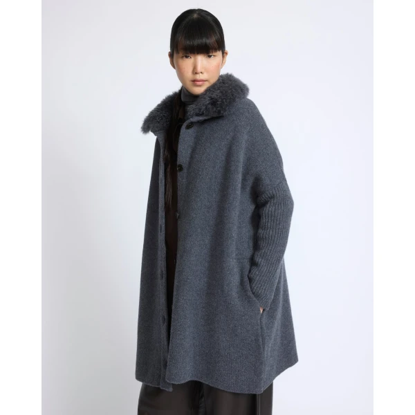 Yves Salomon Merino Knit Coat with Cashmere Lambskin Collar in Blue Grey | Shearling Coat | Luxury Shoes 