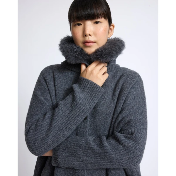 Yves Salomon Merino Knit Coat with Cashmere Lambskin Collar in Blue Grey | Shearling Coat | Luxury Shoes 