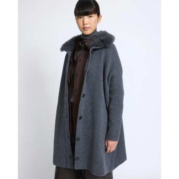 Yves Salomon Merino Knit Coat with Cashmere Lambskin Collar in Blue Grey | Shearling Coat | Luxury Shoes 
