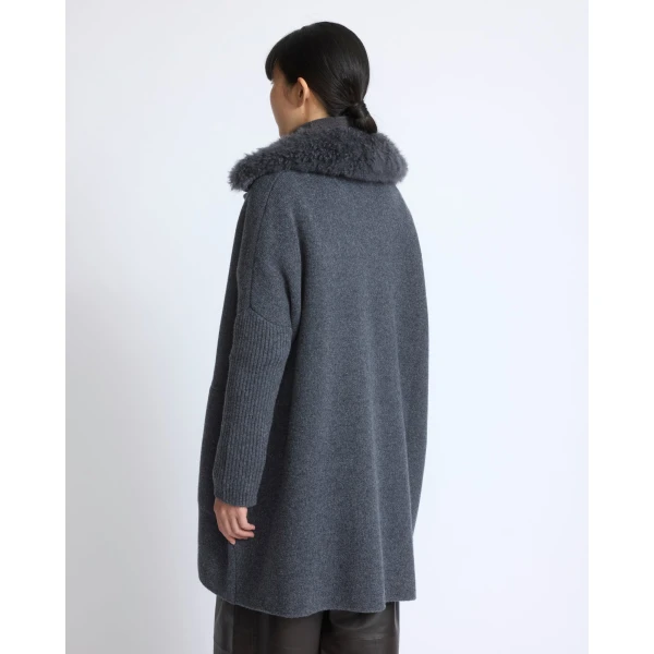 Yves Salomon Merino Knit Coat with Cashmere Lambskin Collar in Blue Grey | Shearling Coat | Luxury Shoes 