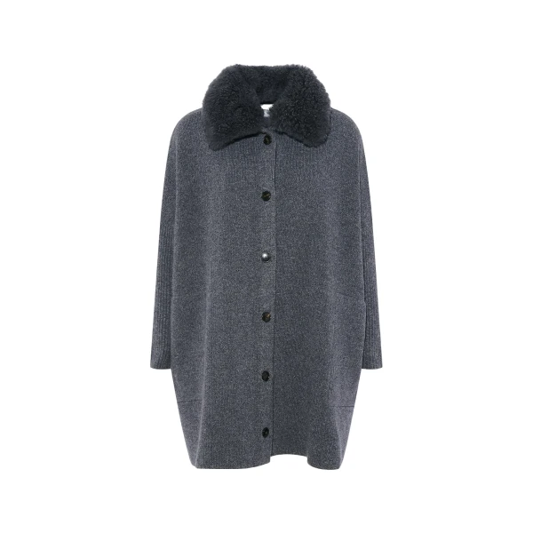 Merino Knit Coat with Cashmere Lambskin Collar in Blue Grey