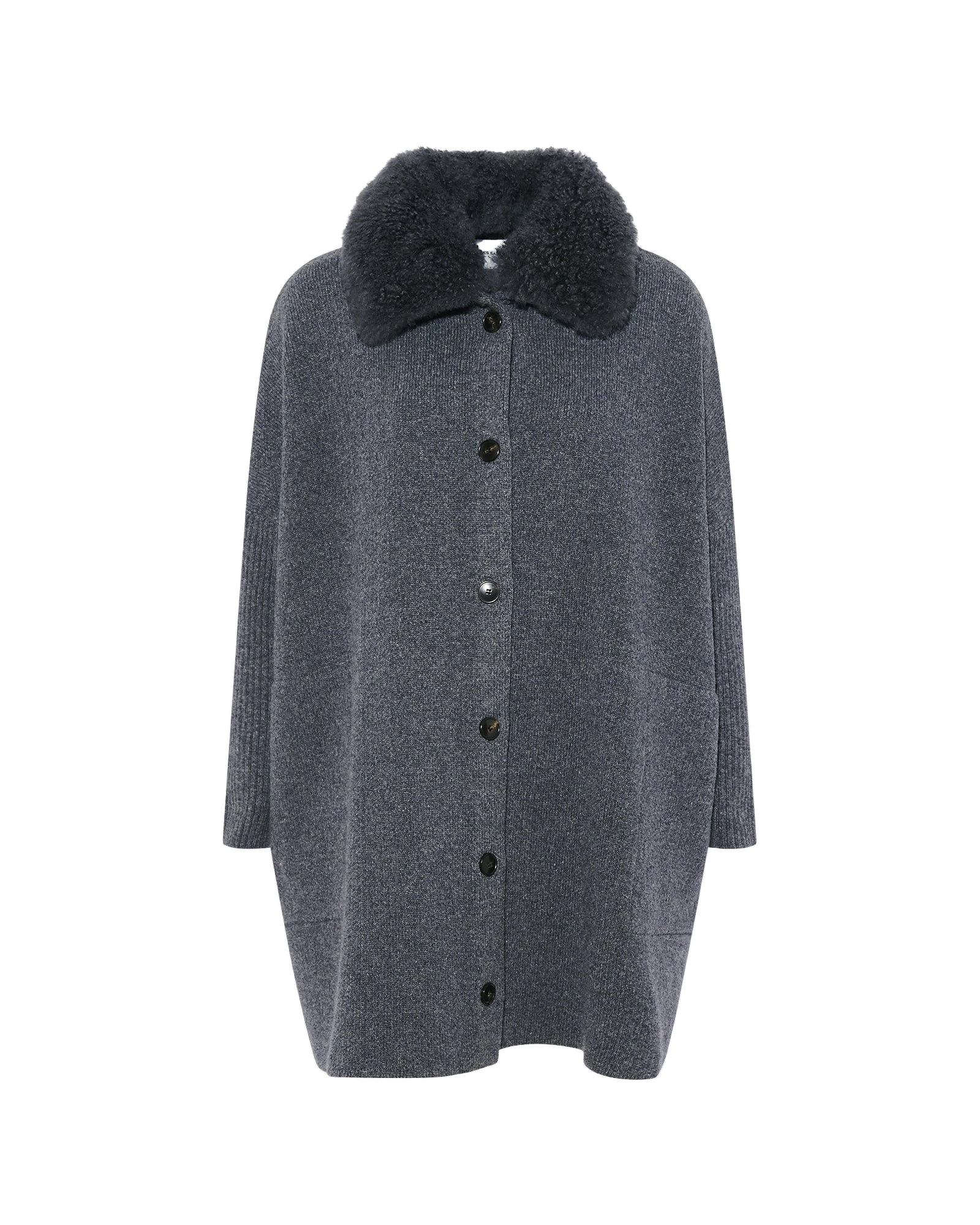 Yves Salomon Merino Knit Coat with Cashmere Lambskin Collar in Blue Grey Yves Salomon Merino Knit Coat with Cashmere Lambskin Collar in Blue Grey | Shearling Coat | Luxury Shoes