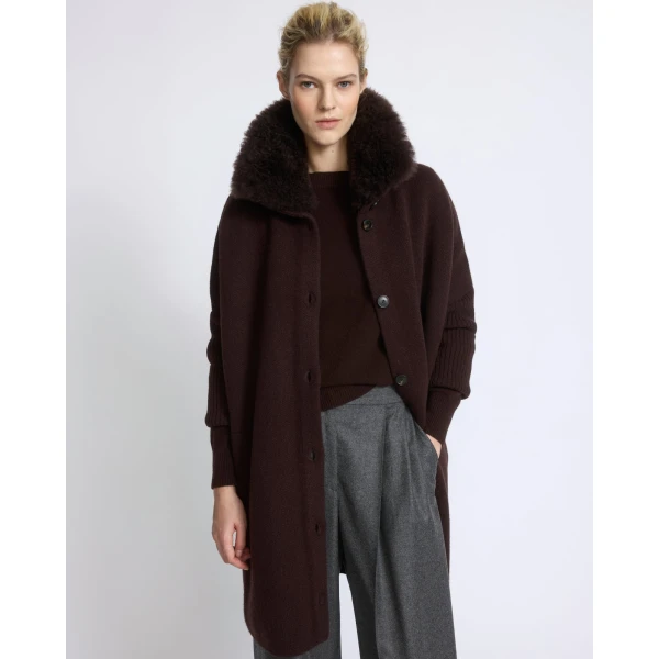 Yves Salomon Merino Knit Coat with Cashmere Lambskin Collar in Brown | Shearling Coat | Luxury Shoes 