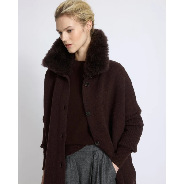Yves Salomon Merino Knit Coat with Cashmere Lambskin Collar in Brown | Shearling Coat | Luxury Shoes 