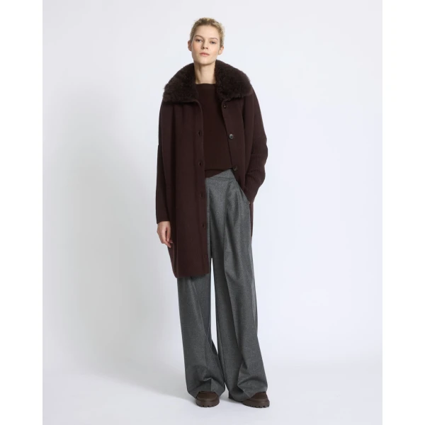 Yves Salomon Merino Knit Coat with Cashmere Lambskin Collar in Brown | Shearling Coat | Luxury Shoes 
