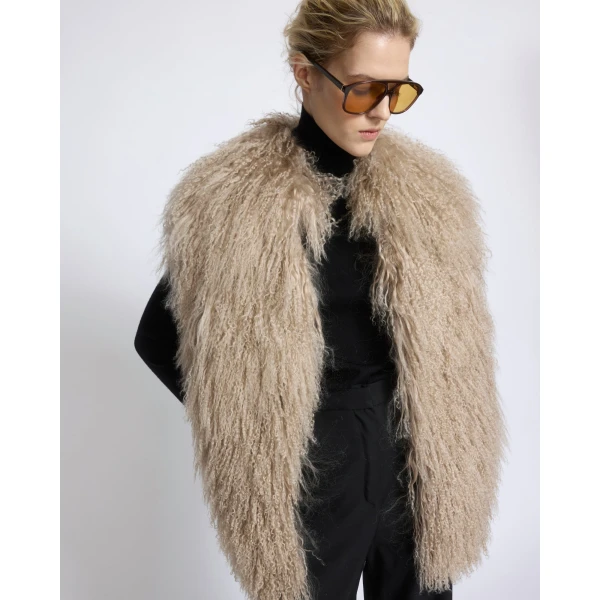 Yves Salomon Merino Knit Gilet with Curly Long-Haired Lambskin in Beige | Vests | Luxury Shoes 