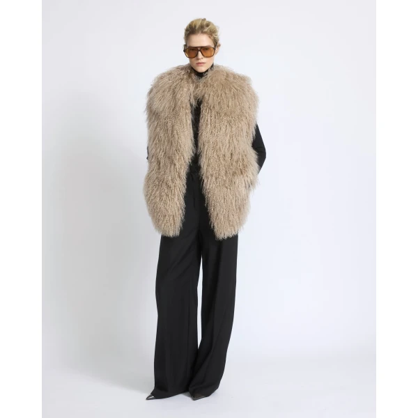 Yves Salomon Merino Knit Gilet with Curly Long-Haired Lambskin in Beige | Vests | Luxury Shoes 