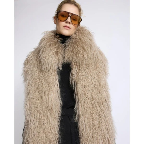 Yves Salomon Merino Knit Gilet with Curly Long-Haired Lambskin in Beige | Vests | Luxury Shoes 