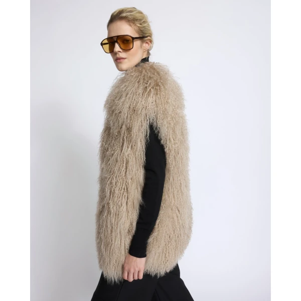 Yves Salomon Merino Knit Gilet with Curly Long-Haired Lambskin in Beige | Vests | Luxury Shoes 