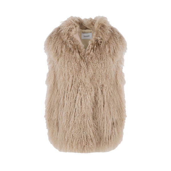 Yves Salomon Merino Knit Gilet with Curly Long-Haired Lambskin in Beige | Vests | Luxury Shoes 