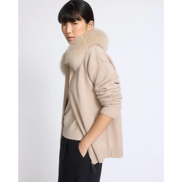 Yves Salomon Merino Knit Jacket with Fox Fur Collar in Beige | Jackets | Luxury Shoes 