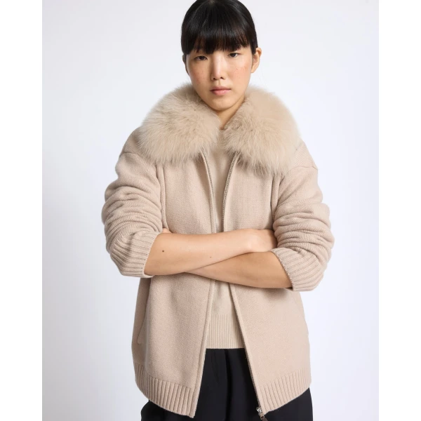Yves Salomon Merino Knit Jacket with Fox Fur Collar in Beige | Jackets | Luxury Shoes 